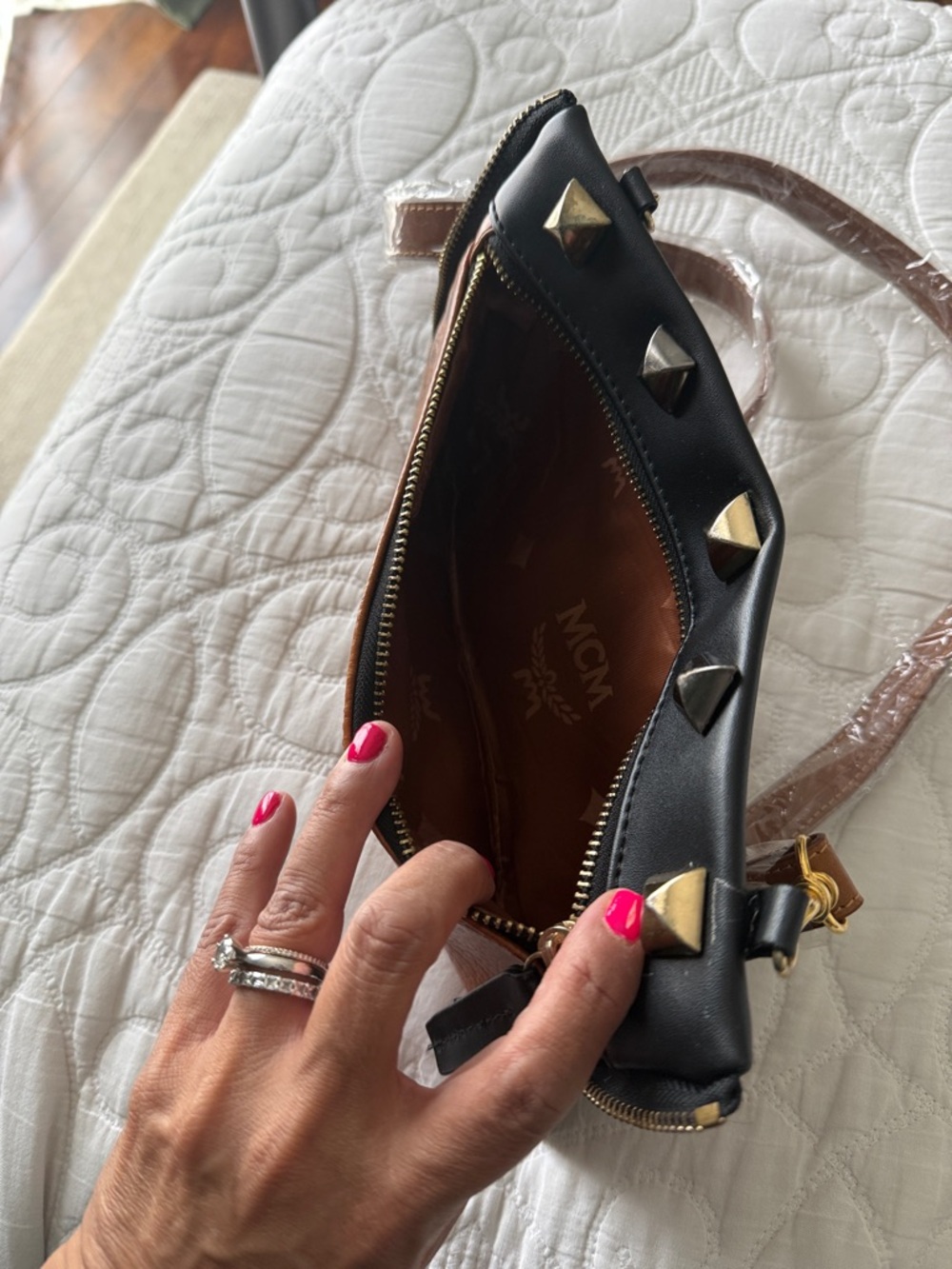 Cognac and Black Visetos Logo Crossbody with Gold Studs - Picture 2 of 5